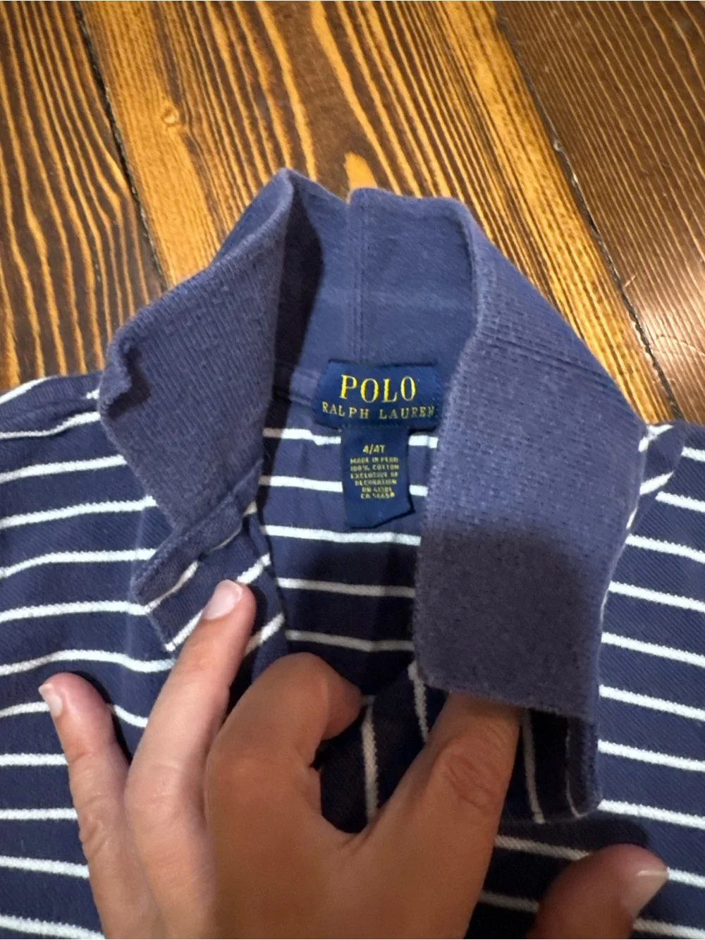 Ralph Lauren Navy & White Striped Polo with Yellow Logo